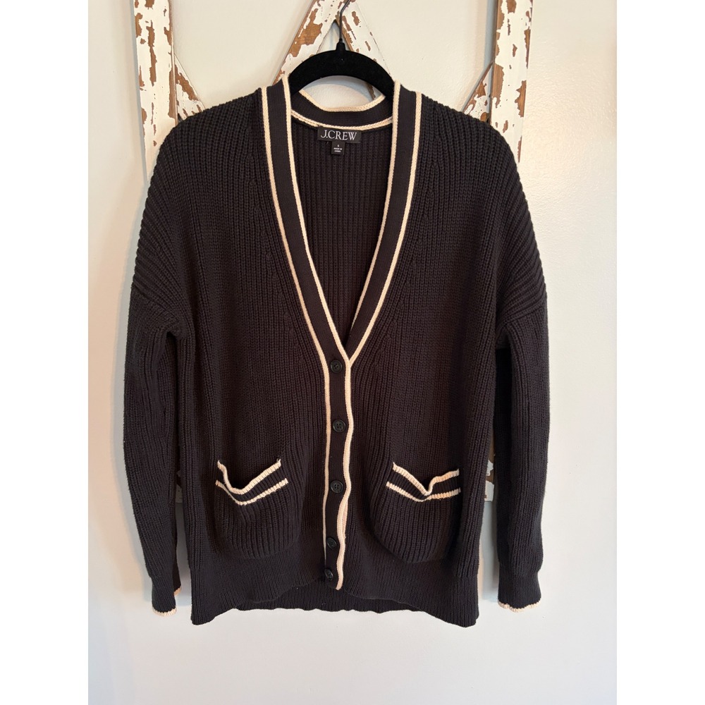 J. Crew Tipped V-neck cotton cardigan sweater black size small